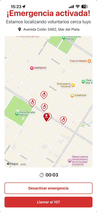 Pantalla de emergencia activada en la app Desfibrilar